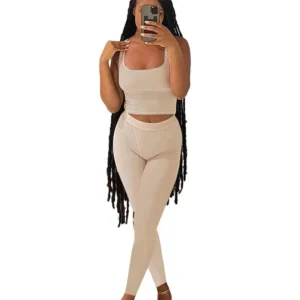 Casual Workout Sets 2 Piece Outfits For Women Ribbed Crop Tank Top High Waist Yoga Leggings Lounge Wear Tracksuit