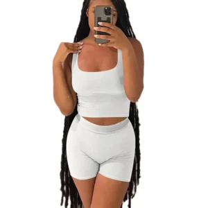 Casual Workout Sets 2 Piece Outfits for Women Ribbed Crop Tank Top High Waist Yoga Shorts Lounge Wear Tracksuit