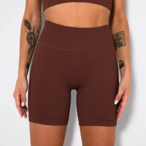 Seamless Ribbed High Waist Tummy Control Yoga Biker Shorts Women's High Elastic Softness Tights Gym Fitness Sports Shorts