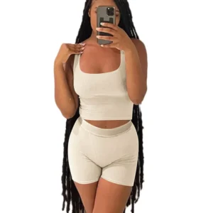 Casual Workout Sets 2 Piece Outfits for Women Ribbed Crop Tank Top High Waist Yoga Shorts Lounge Wear Tracksuit