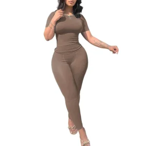 Lounge Wear Ribbed Casual 2 Piece Summer Shorts Set For Women Sleeve Top+Elastic Leggings Outfits