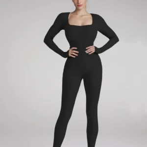 New Threaded Fabric High Quality Women Jumpsuits Long Sleeve Shapewear Hip Lift Yoga Exercise One Piece Jumpsuit With Long Pants