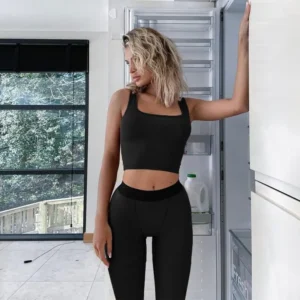 Casual Workout Sets 2 Piece Outfits For Women Ribbed Crop Tank Top High Waist Yoga Leggings Lounge Wear Tracksuit